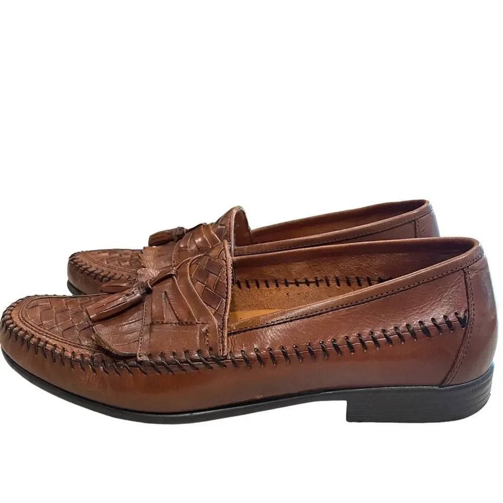 Hush Puppies Brown Leather San Remo Woven Tasseled Slip on Dress Shoes Size 9.5M